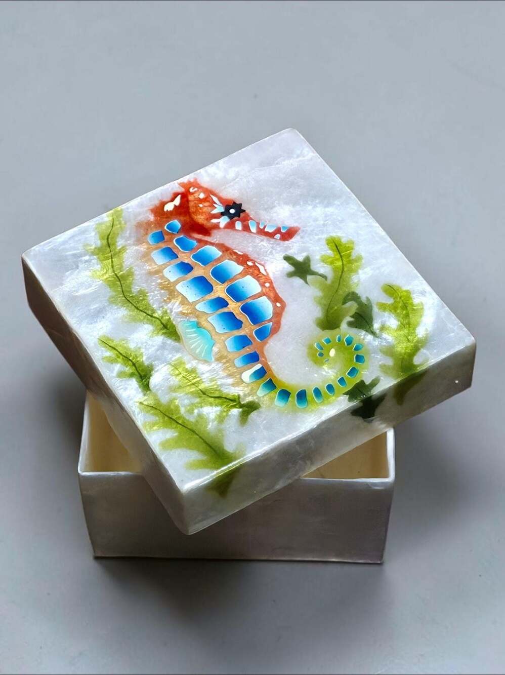 Capiz Shell Airbrushed Seahorse Keepsake Trinket Box